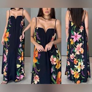FARM Rio Black Long Dress with Vibrant Floral Design Size M